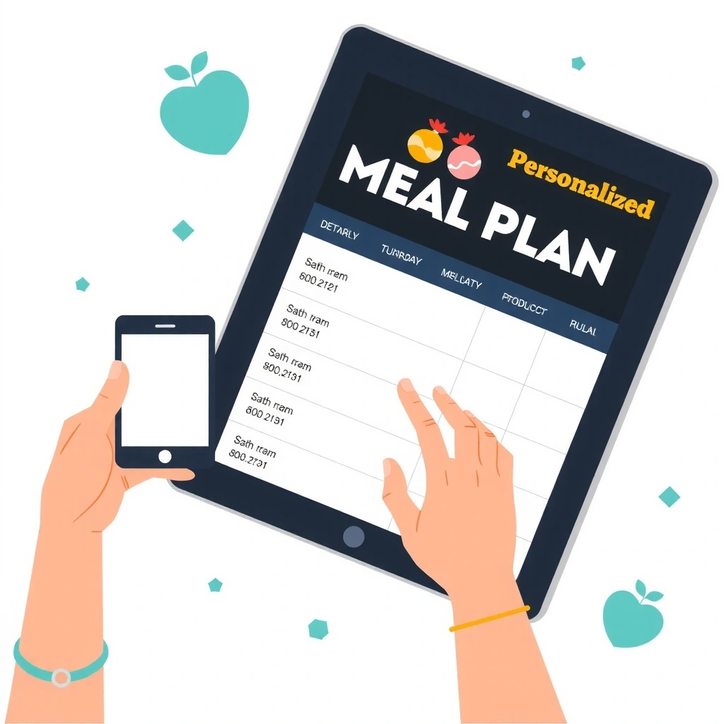 Illustration eines detailreichen Ernährungsplans auf einem Tablet, symbolisiert personalisierte Essenspläne.
